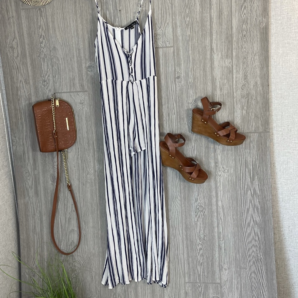 Love Tree Blue White Stripe Lace Up Romper Dress Sz Medium